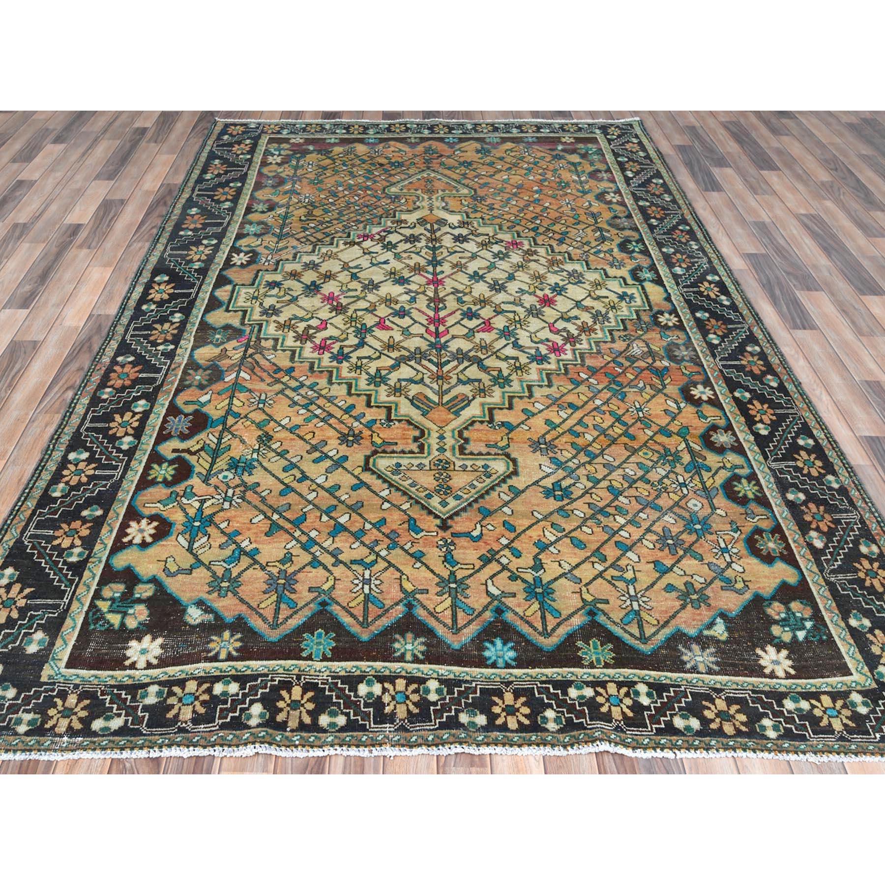 Medieval Sunset Color, Distressed Worn Wool Hand Knotted, Vintage Northwest Persian Rug