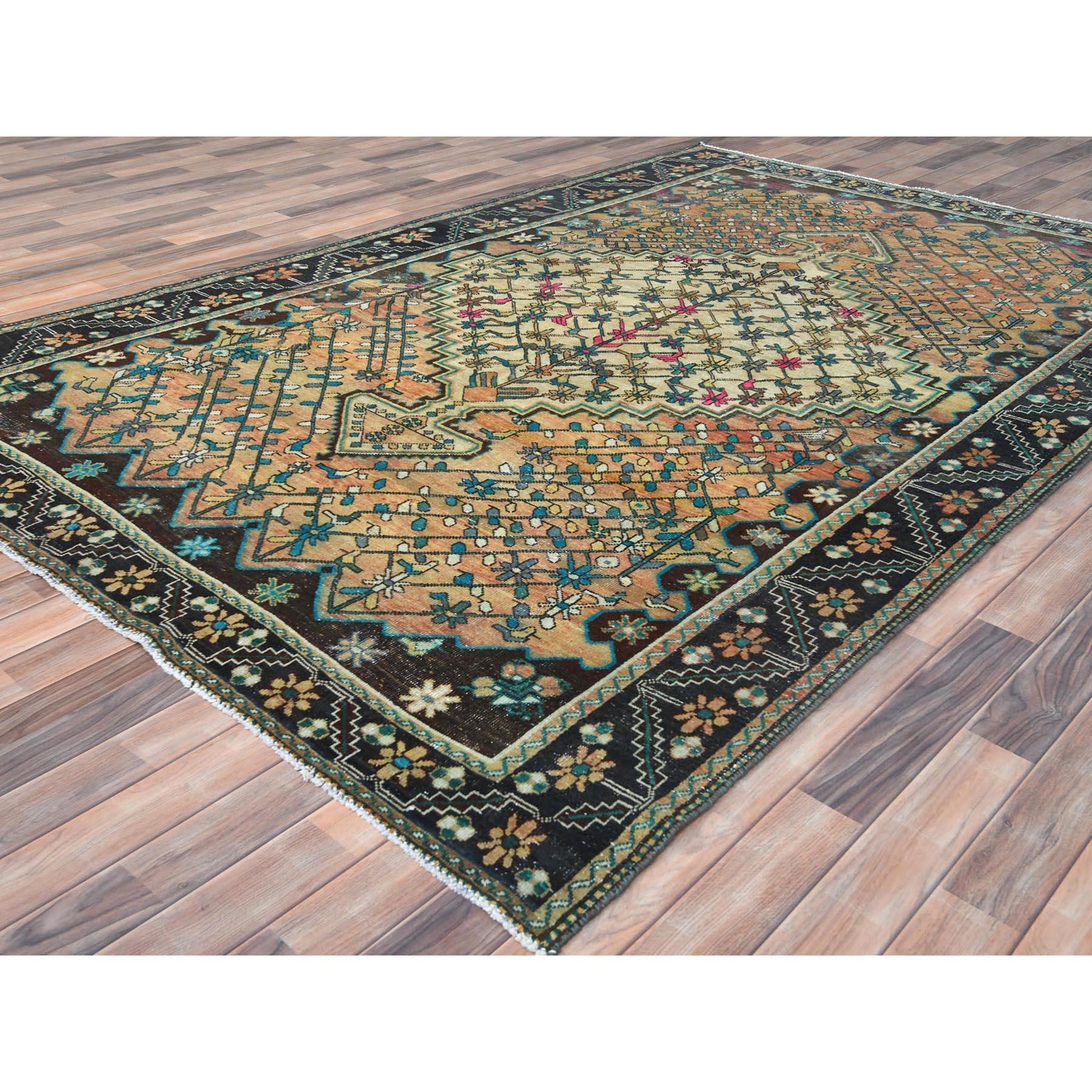 Hand-Knotted Sunset Color, Distressed Worn Wool Hand Knotted, Vintage Northwest Persian Rug