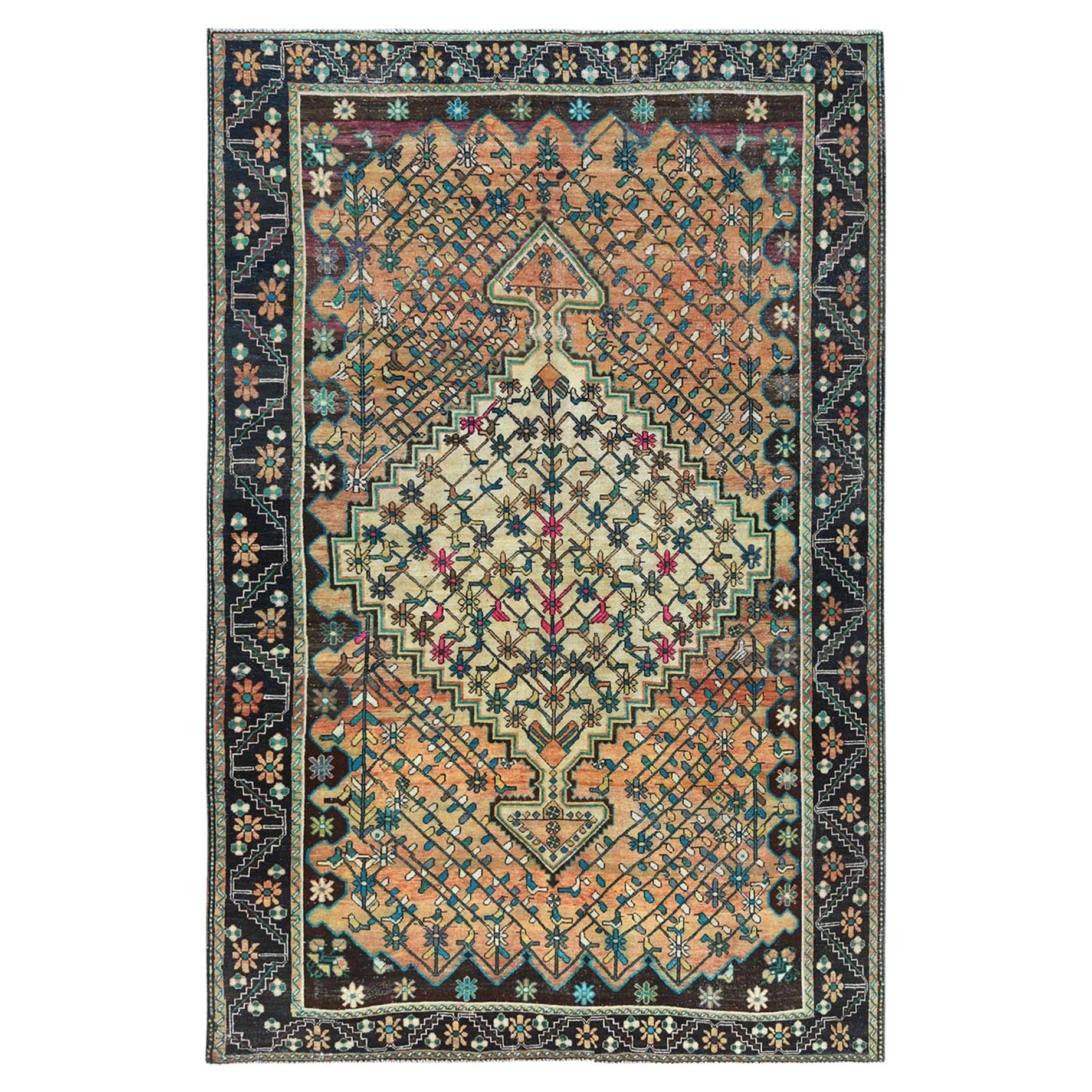 Sunset Color, Distressed Worn Wool Hand Knotted, Vintage Northwest Persian Rug