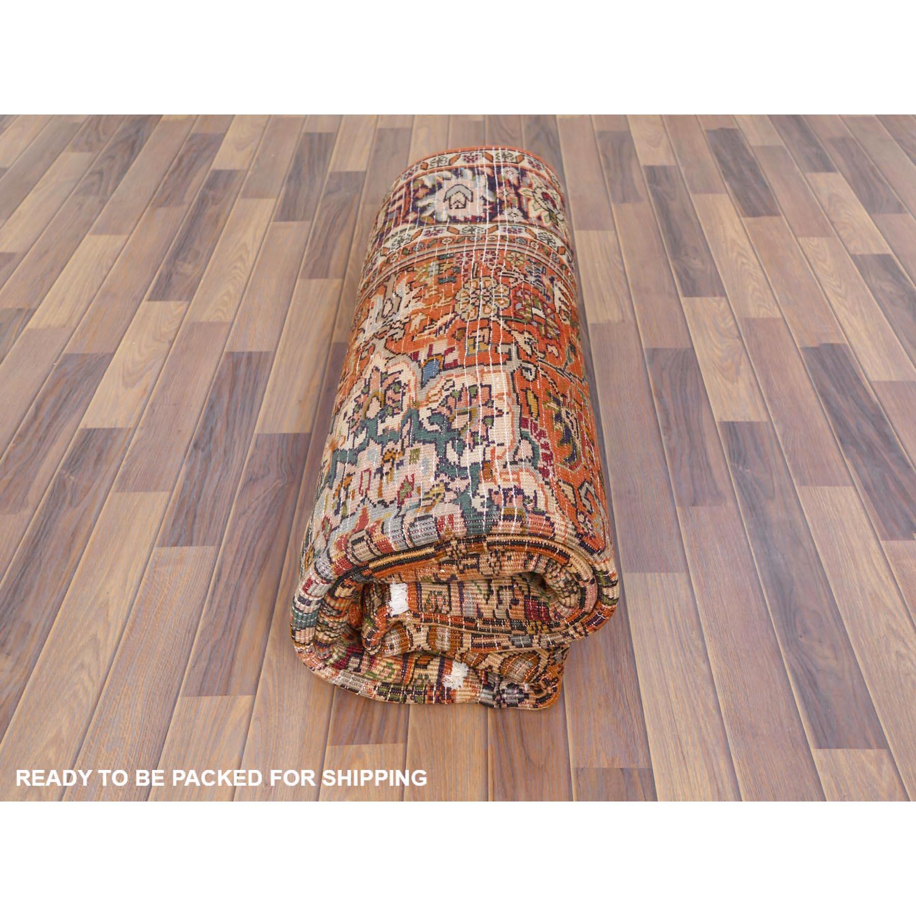 Sunset Color Shades Hand Knotted Vintage Persian Heriz, Distressed Worn Wool Rug 4