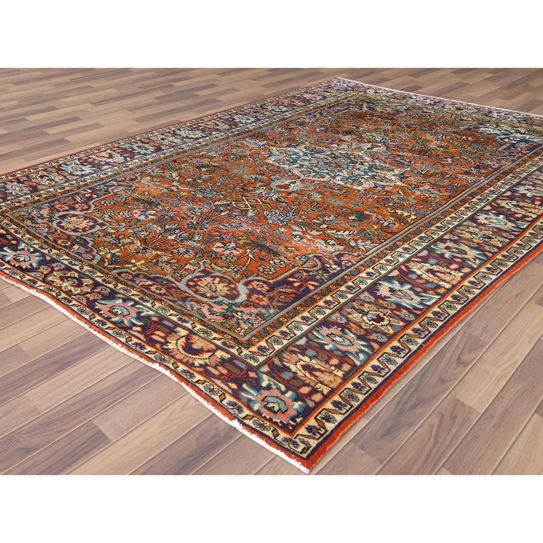 Hand-Knotted Sunset Color Shades Hand Knotted Vintage Persian Heriz, Distressed Worn Wool Rug