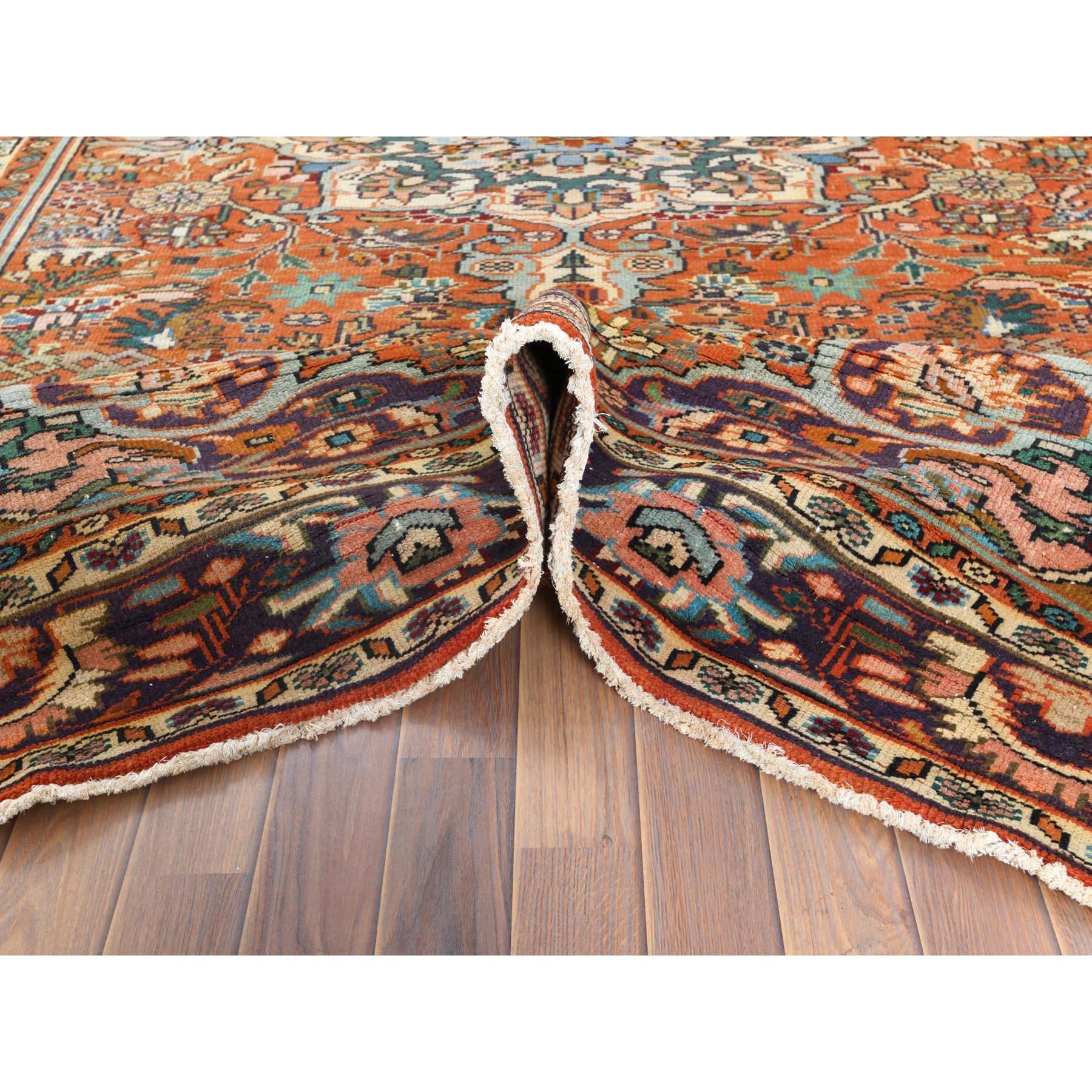 Mid-20th Century Sunset Color Shades Hand Knotted Vintage Persian Heriz, Distressed Worn Wool Rug