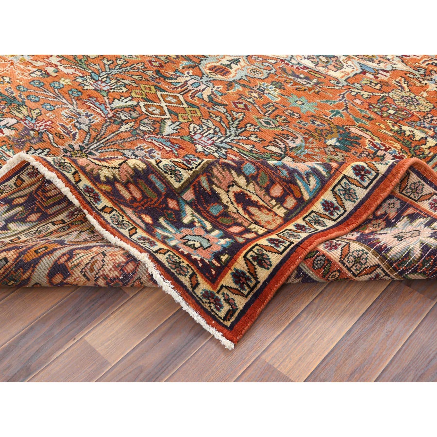 Sunset Color Shades Hand Knotted Vintage Persian Heriz, Distressed Worn Wool Rug 1