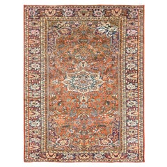 Sunset Color Shades Hand Knotted Vintage Persian Heriz, Distressed Worn Wool Rug