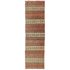 Sunset-Colored Vintage Turkish Embroidered Kilim Runner with Striped Design