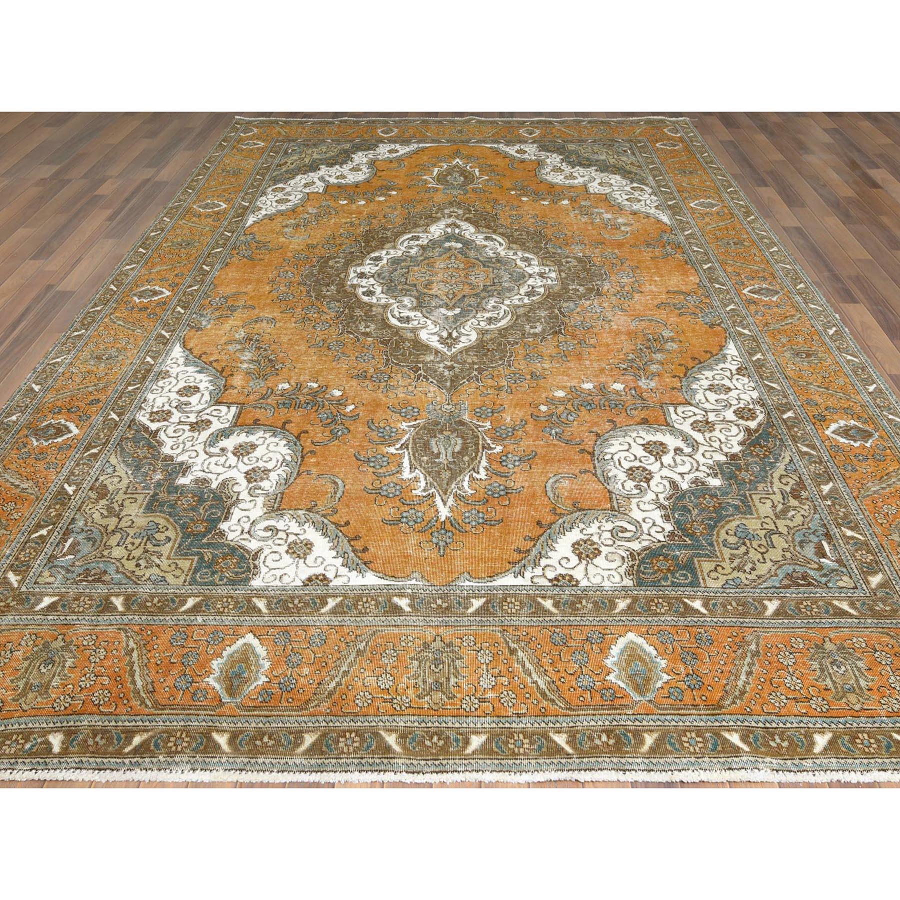 Medieval Sunset Colors Old Cropped Thin Persian Tabriz Wool Stone Wash Hand Knotted Rug
