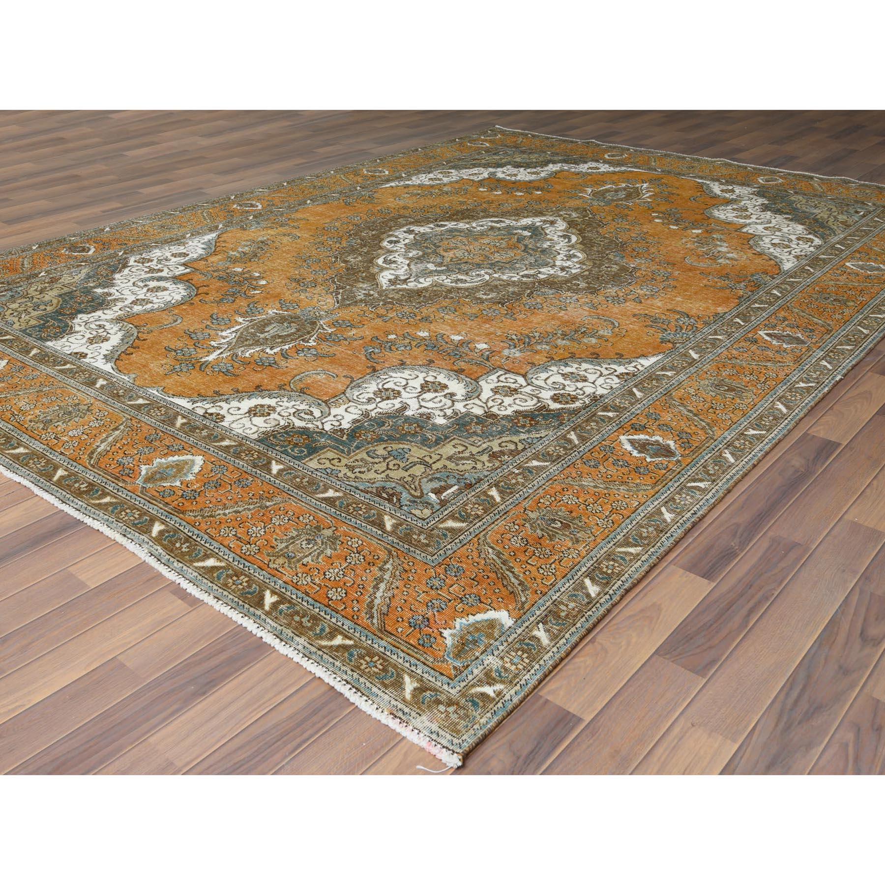 Hand-Knotted Sunset Colors Old Cropped Thin Persian Tabriz Wool Stone Wash Hand Knotted Rug