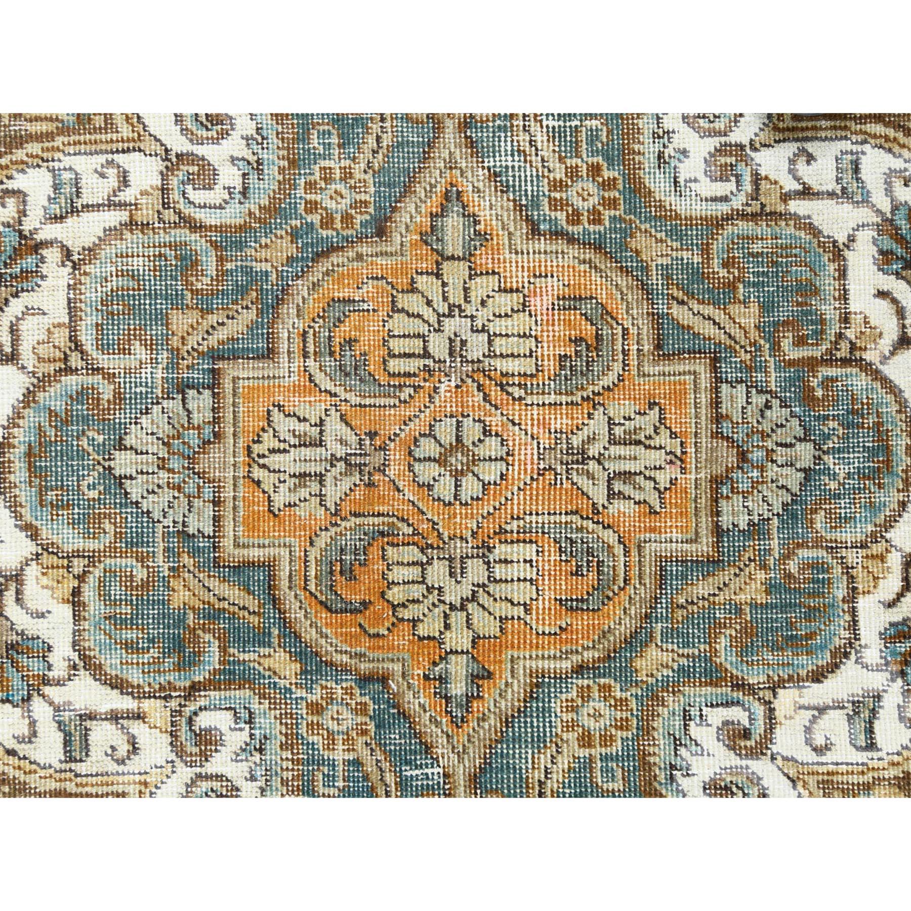 Sunset Colors Old Cropped Thin Persian Tabriz Wool Stone Wash Hand Knotted Rug 3