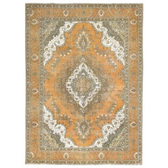 Sunset Colors Old Cropped Thin Persian Tabriz Wool Stone Wash Hand Knotted Rug