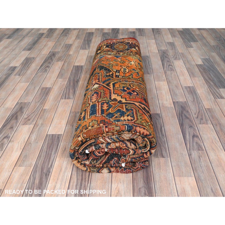 Sunset Colors Rustic Feel Worn Wool Hand Knotted Vintage Persian Heriz Rug 4