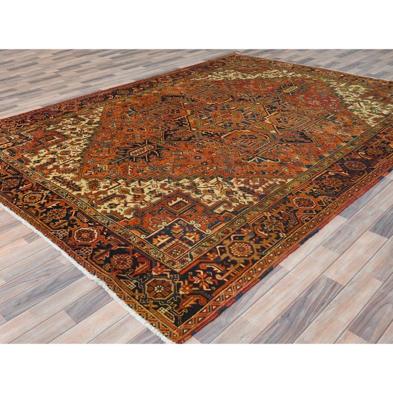 Hand-Knotted Sunset Colors Rustic Feel Worn Wool Hand Knotted Vintage Persian Heriz Rug