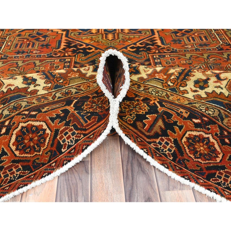 Mid-20th Century Sunset Colors Rustic Feel Worn Wool Hand Knotted Vintage Persian Heriz Rug