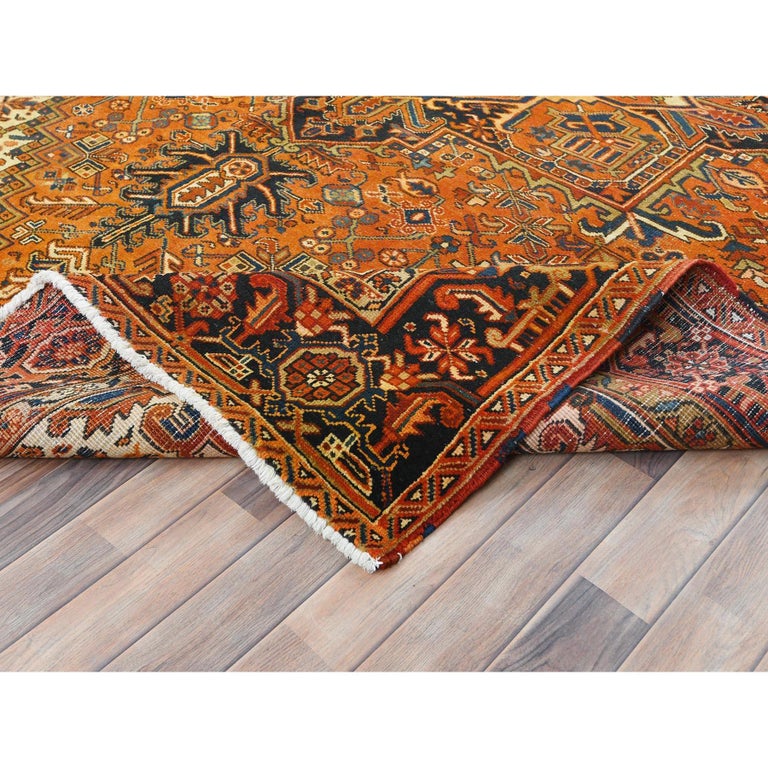 Sunset Colors Rustic Feel Worn Wool Hand Knotted Vintage Persian Heriz Rug 1