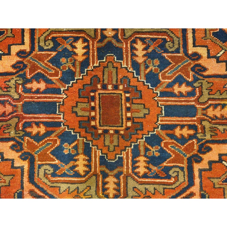 Sunset Colors Rustic Feel Worn Wool Hand Knotted Vintage Persian Heriz Rug 3