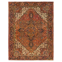Sunset Colors Rustic Feel Worn Wool Hand Knotted Vintage Persian Heriz Rug