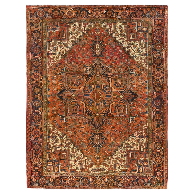 Sunset Colors Rustic Feel Worn Wool Hand Knotted Vintage Persian Heriz Rug