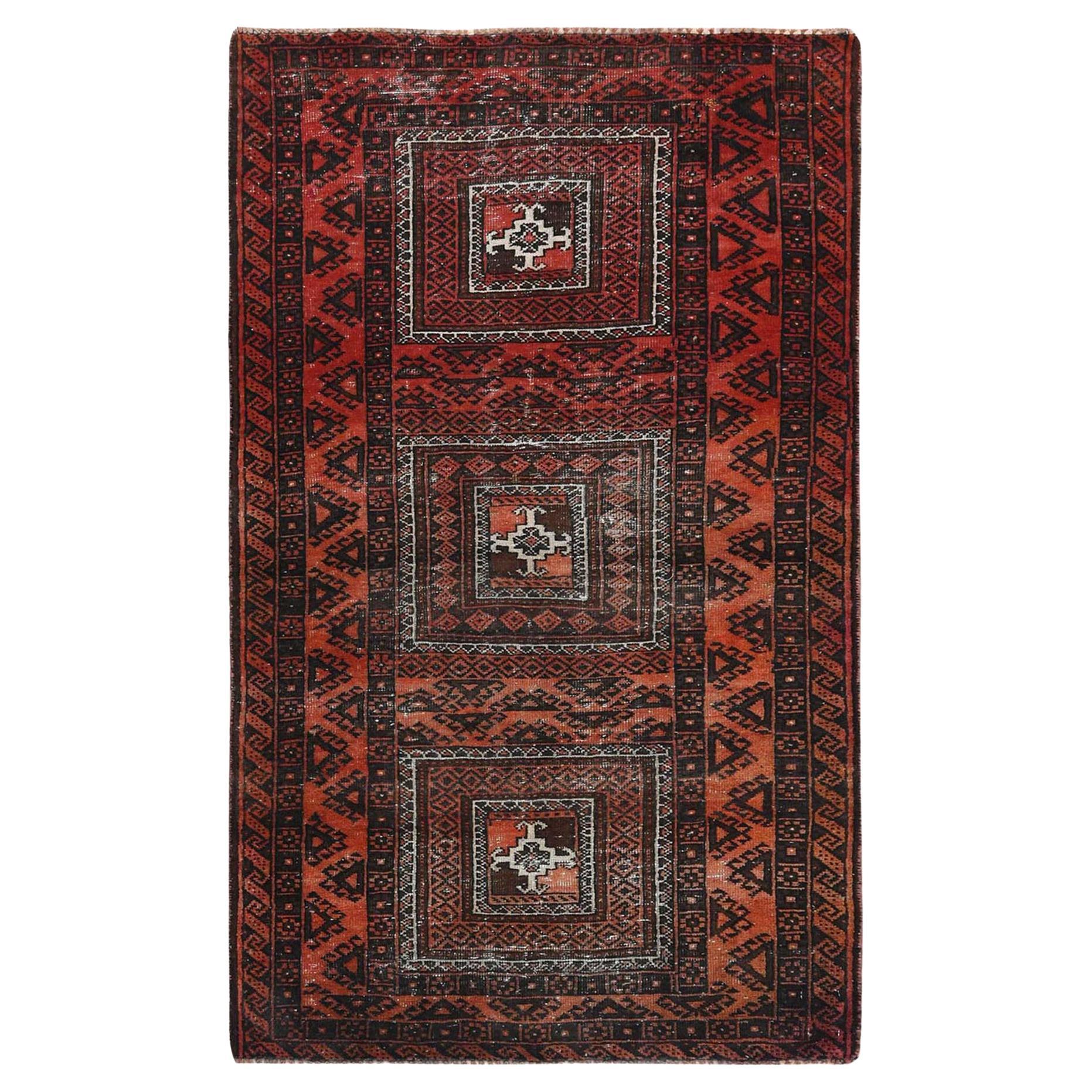 Sunset Colors Vintage Persian Baluch Hand Knotted Pure Wool Worn Down Rug For Sale