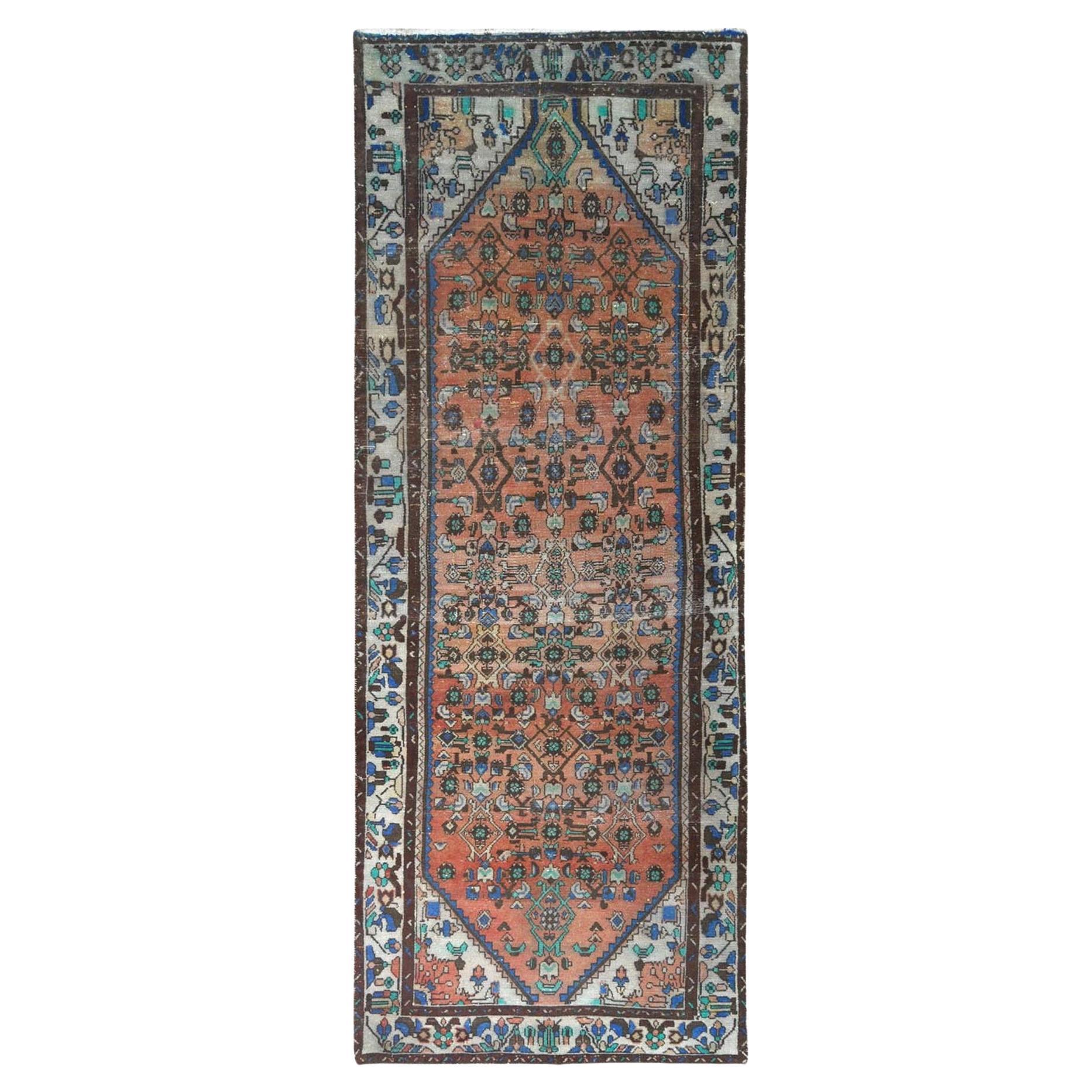 Sunset Colors Vintage Persian Husainabad Abrash Worn Wool Hand Knotted Rug