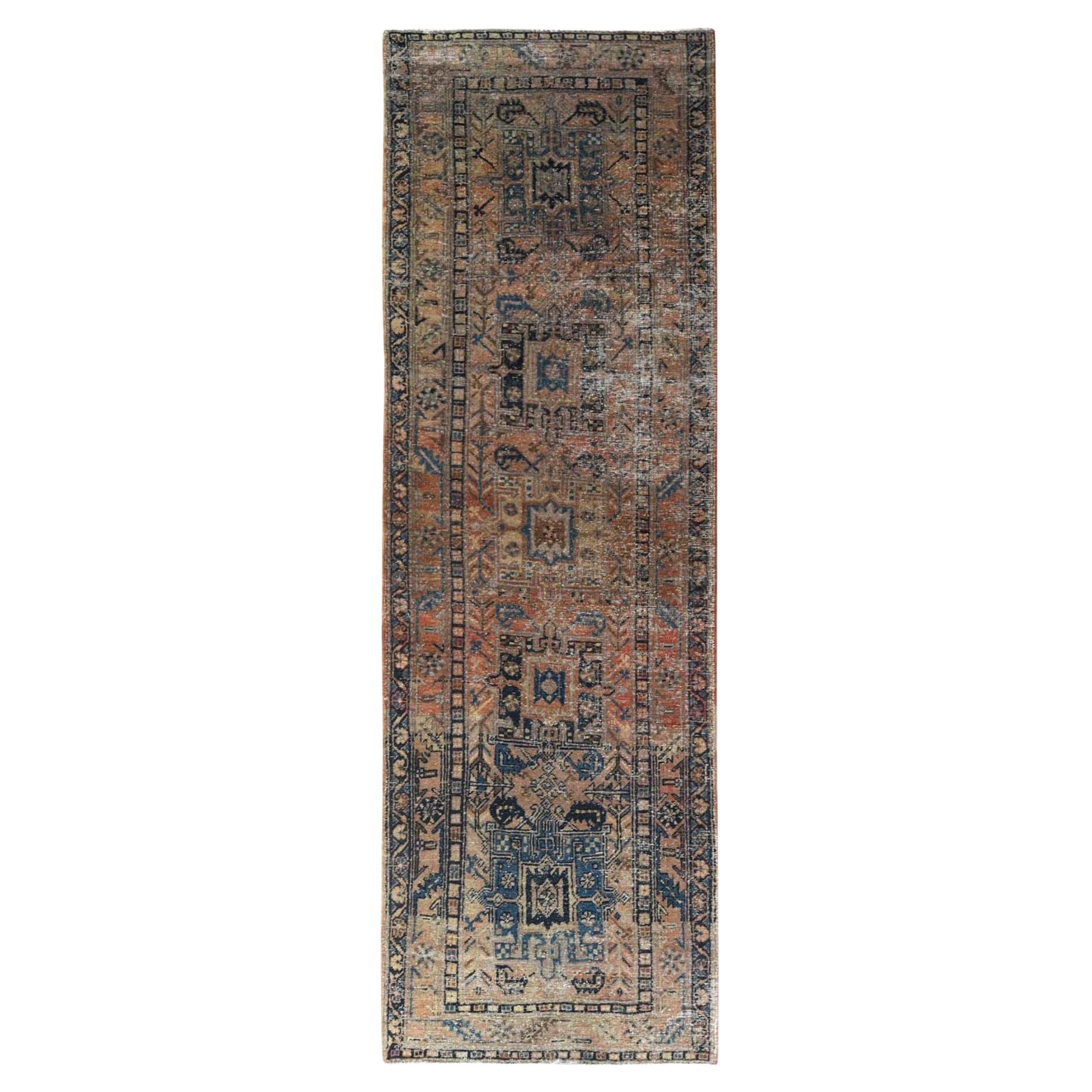 Sunset Colors Vintage Persian Karajeh Distressed Look Worn Wool Hand Knotted Rug For Sale