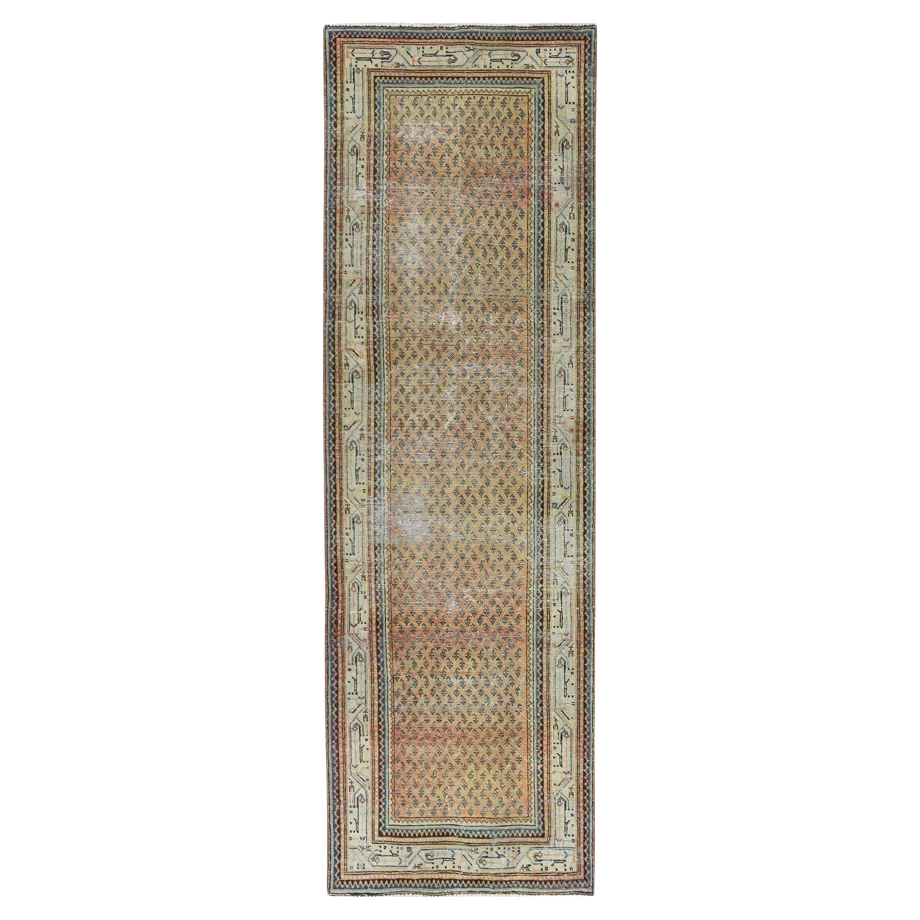 Sunset Colors, Vintage Persian Sarouk Mir Hand Knotted Worn Wool Distressed Rug For Sale