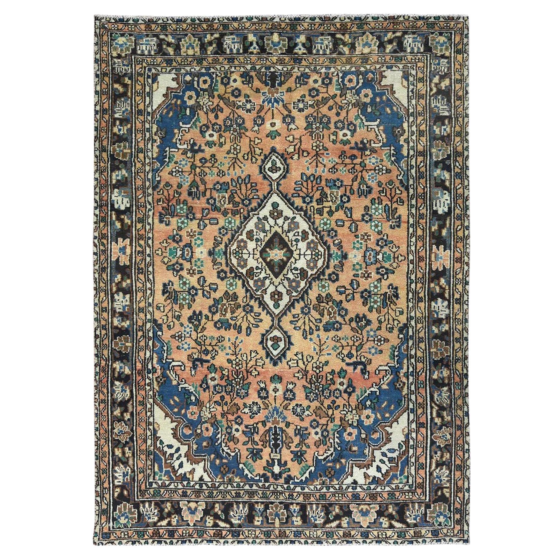 Sunset Colors, Worn Wool Hand Knotted, Vintage Persian Bibikabad, Distressed Rug For Sale at 1stDibs