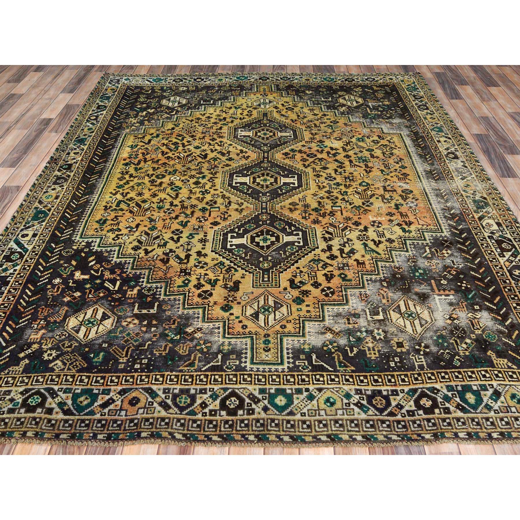 Medieval Sunset Colors, Worn Wool Hand Knotted Vintage Persian Shiraz Distressed Rug For Sale