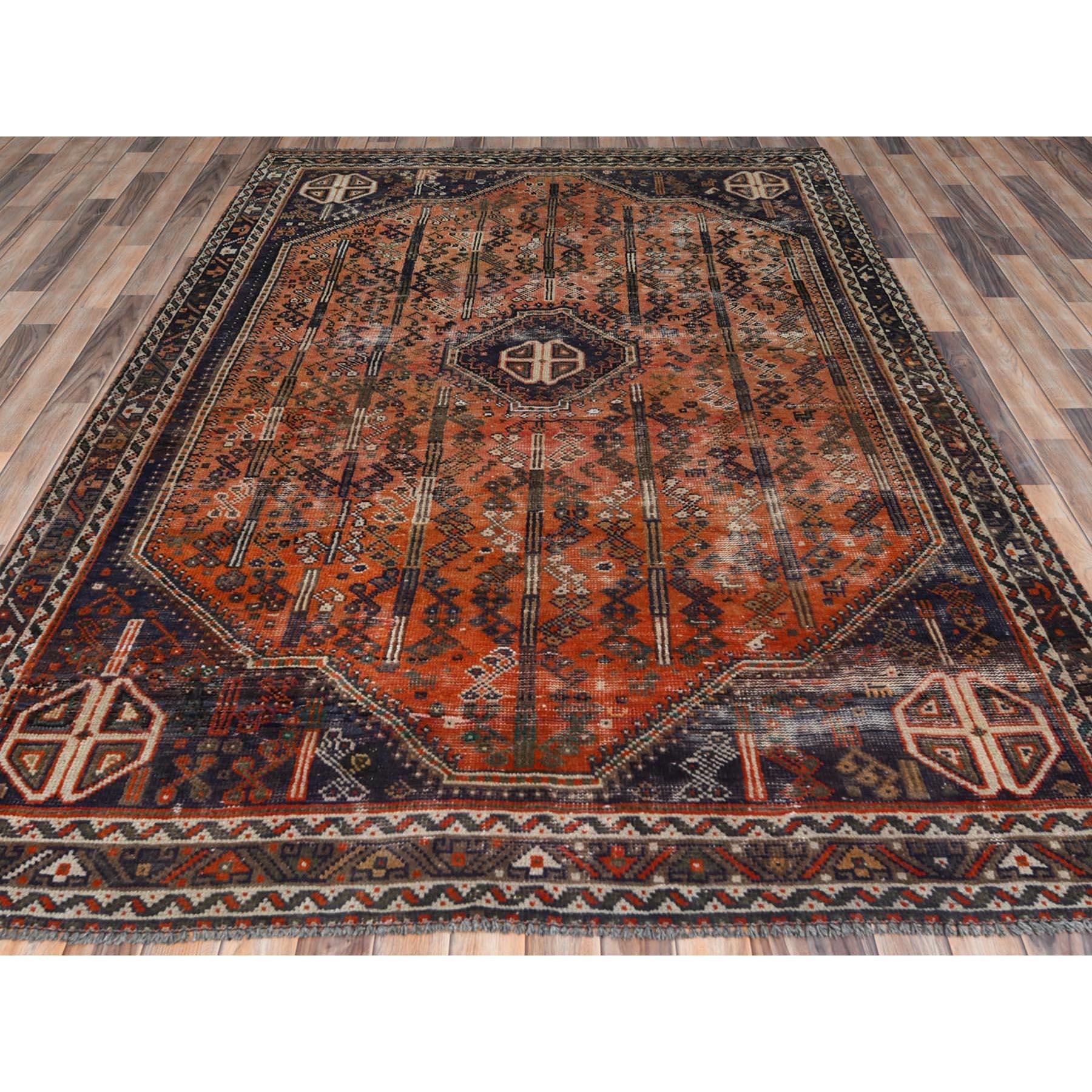 Medieval Sunset Colors, Worn Wool Hand Knotted Vintage Persian Shiraz, Distressed Rug