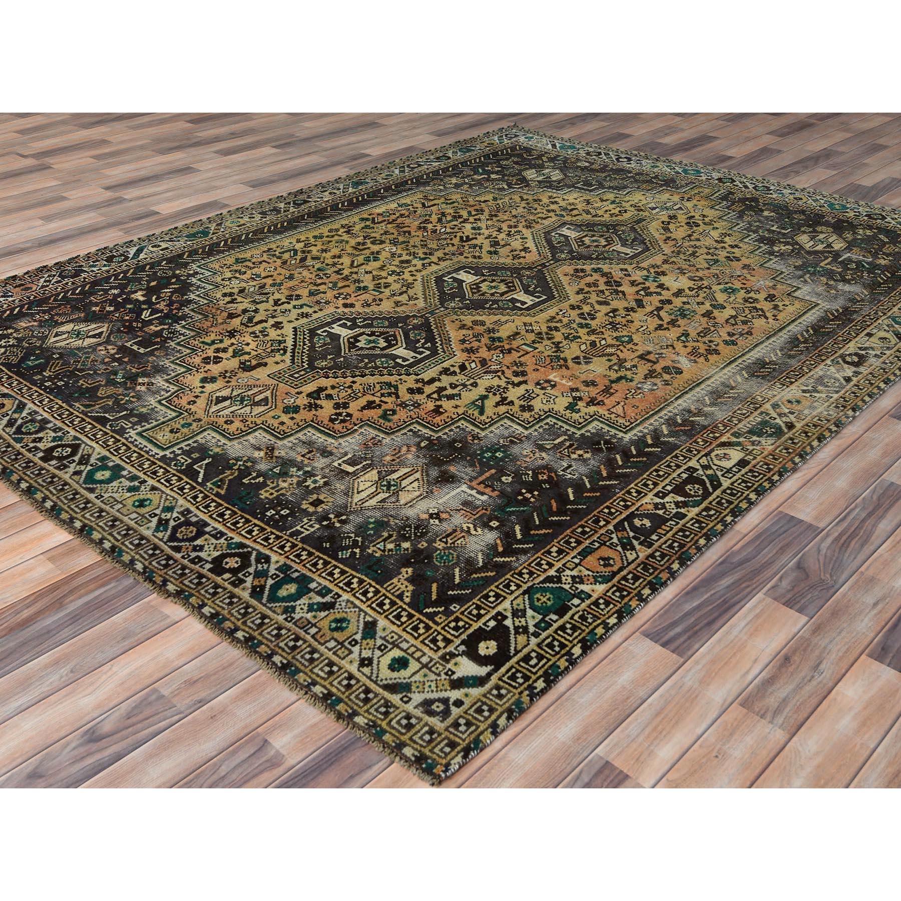 Hand-Knotted Sunset Colors, Worn Wool Hand Knotted Vintage Persian Shiraz Distressed Rug For Sale
