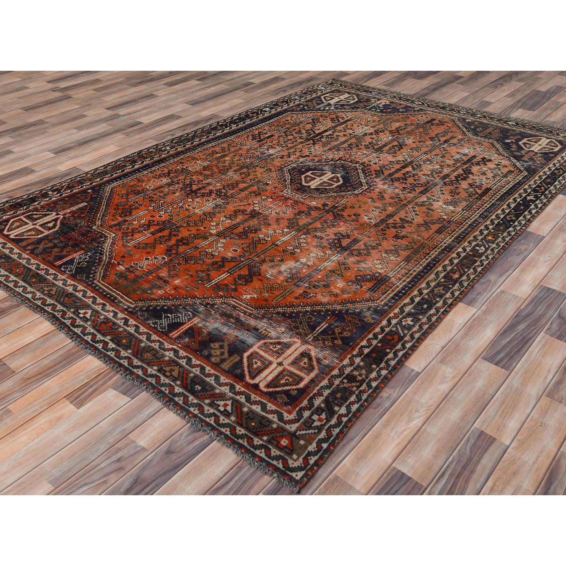 Hand-Knotted Sunset Colors, Worn Wool Hand Knotted Vintage Persian Shiraz, Distressed Rug
