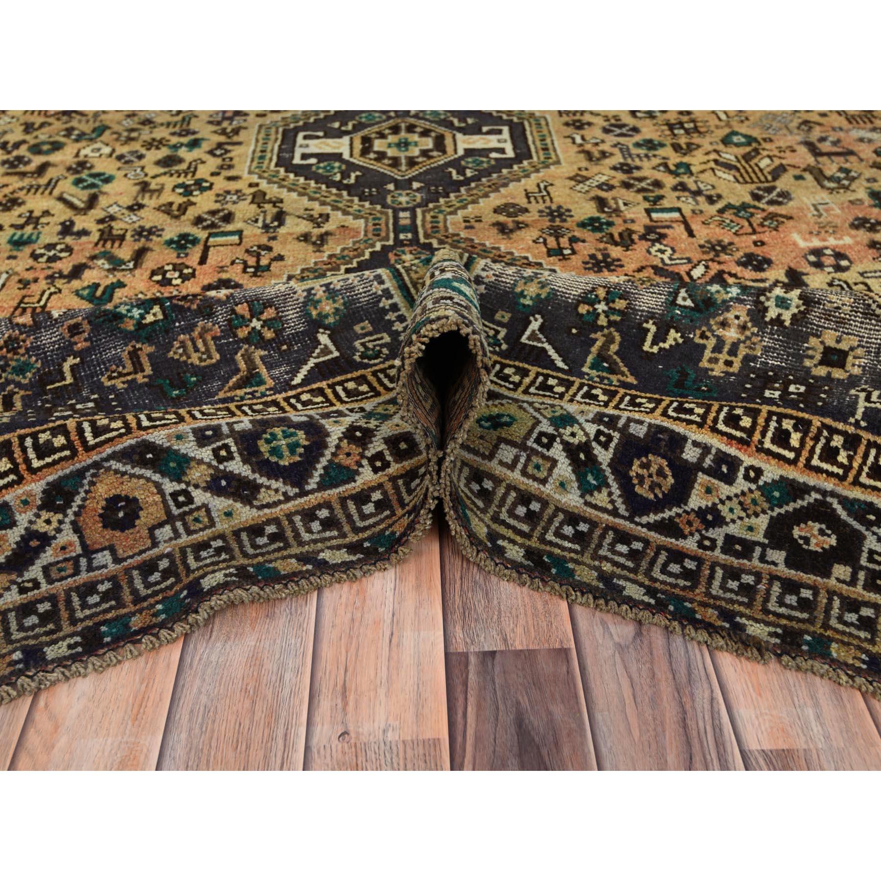 Mid-20th Century Sunset Colors, Worn Wool Hand Knotted Vintage Persian Shiraz Distressed Rug For Sale