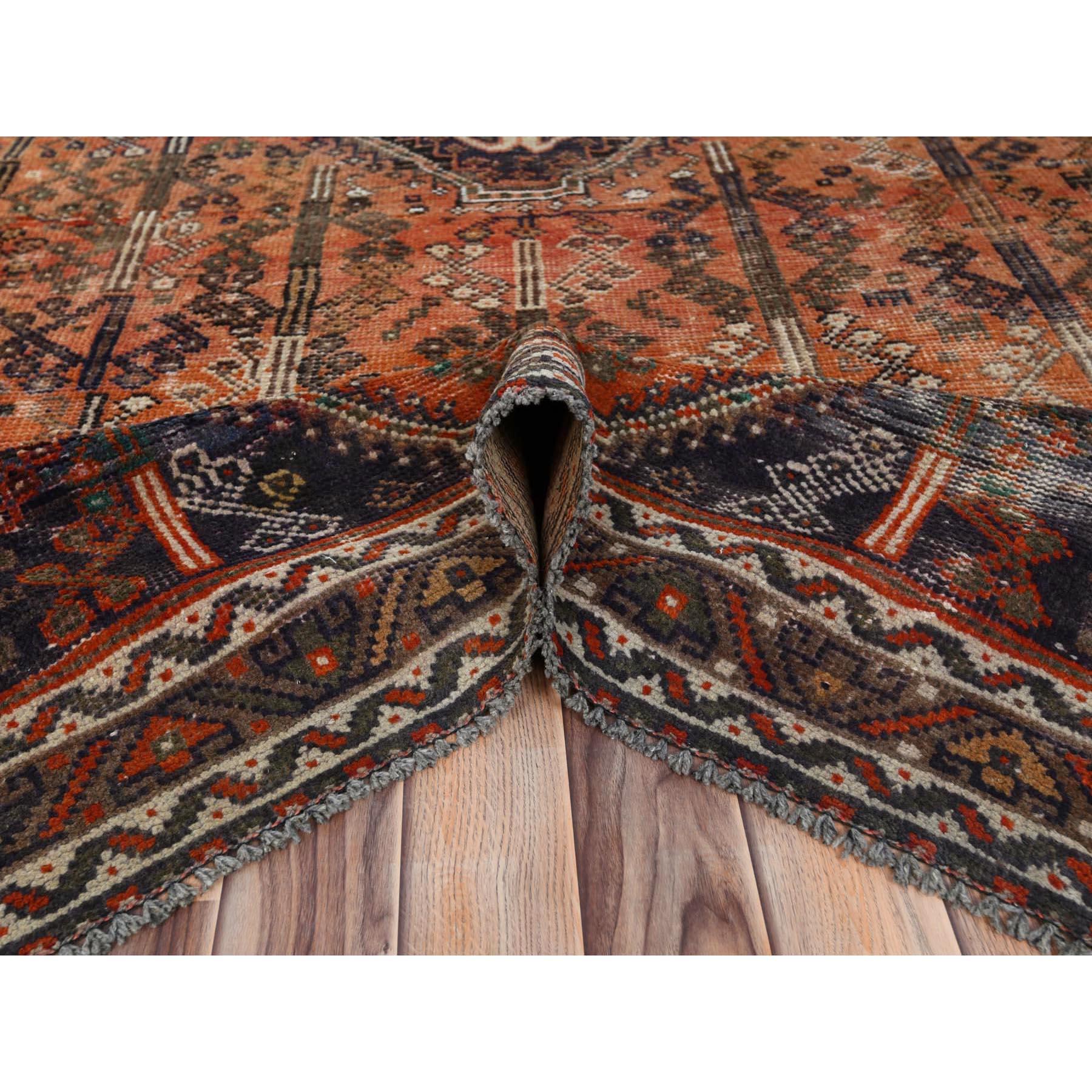 Mid-20th Century Sunset Colors, Worn Wool Hand Knotted Vintage Persian Shiraz, Distressed Rug