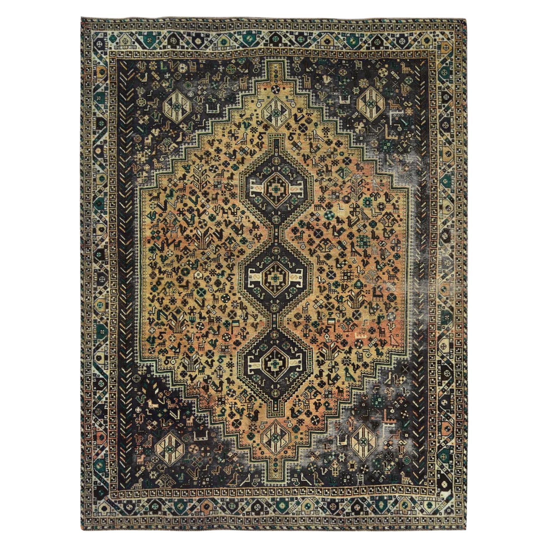 Sunset Colors, Worn Wool Hand Knotted Vintage Persian Shiraz Distressed Rug