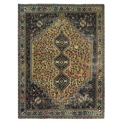 Sunset Colors, Worn Wool Hand Knotted Retro Persian Shiraz Distressed Rug