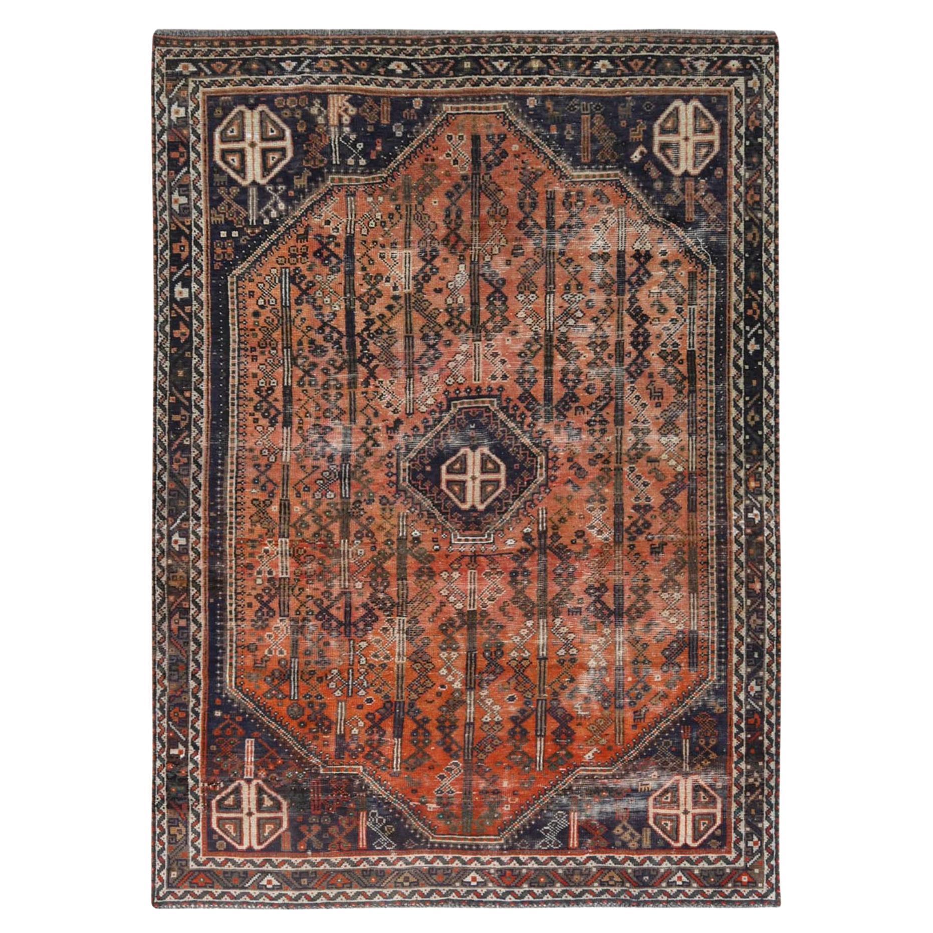 Sunset Colors, Worn Wool Hand Knotted Vintage Persian Shiraz, Distressed Rug