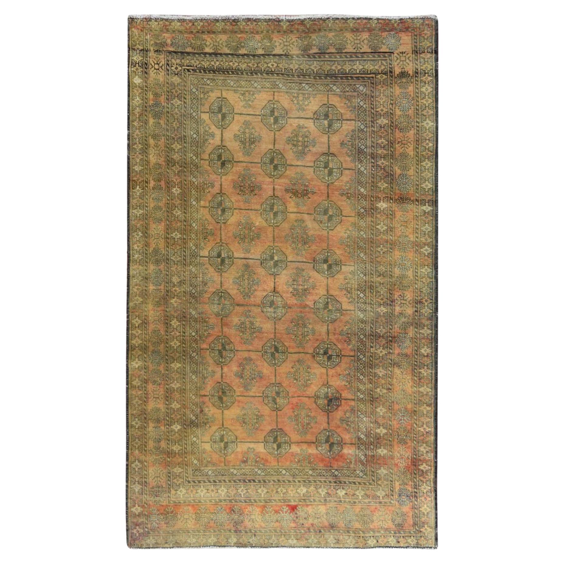 Sunset Colors Worn Wool Hand Knotted Vintage Persian Turkaman Bokhara Design Rug For Sale