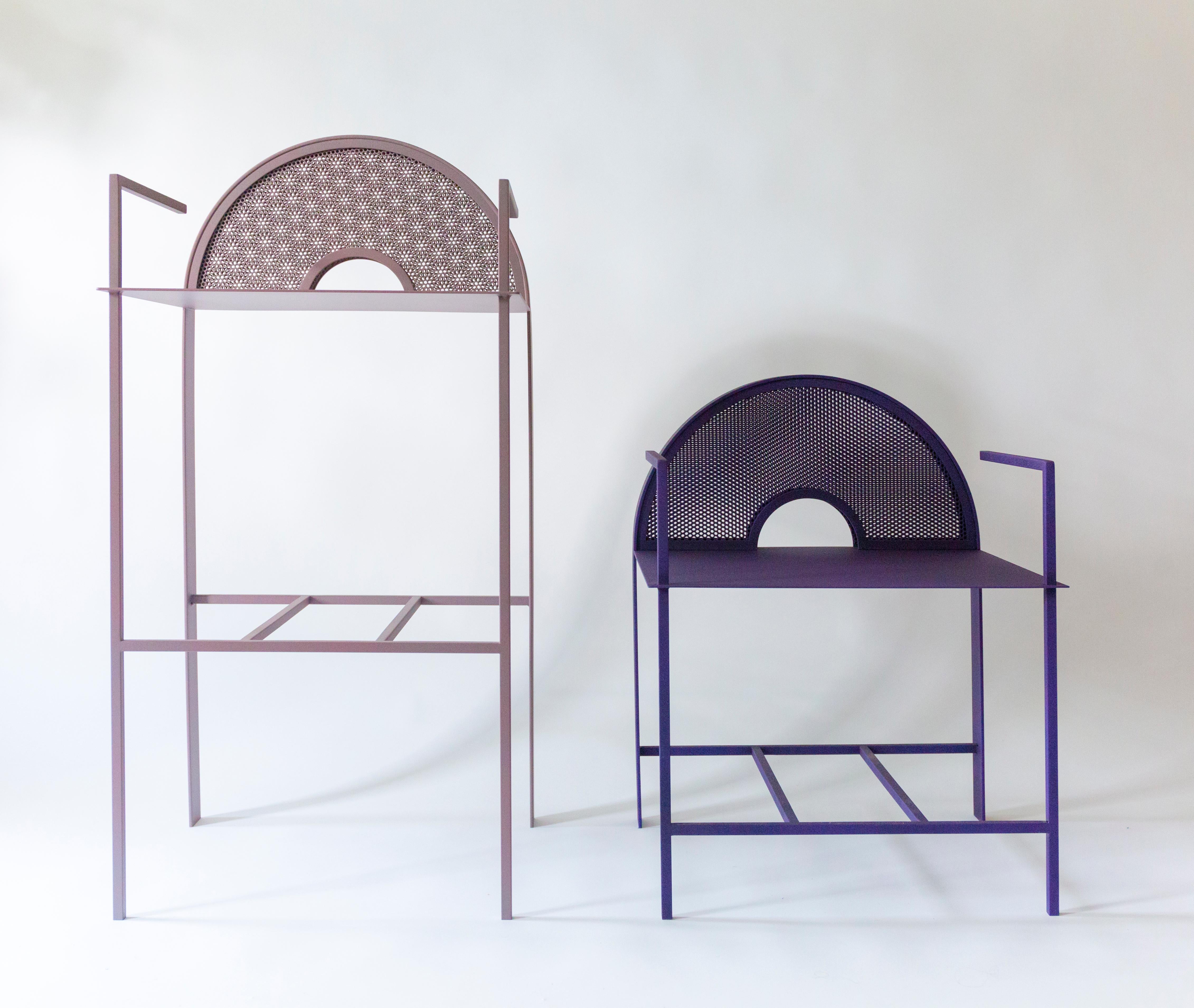 The Sunset Counter Stool is a celebration of the visual complexity of perforated sheet metal.  A welded steel body supports a back arch of two sheets of perforated metal, housed in a curved frame.  These two sheets of perforated metal are