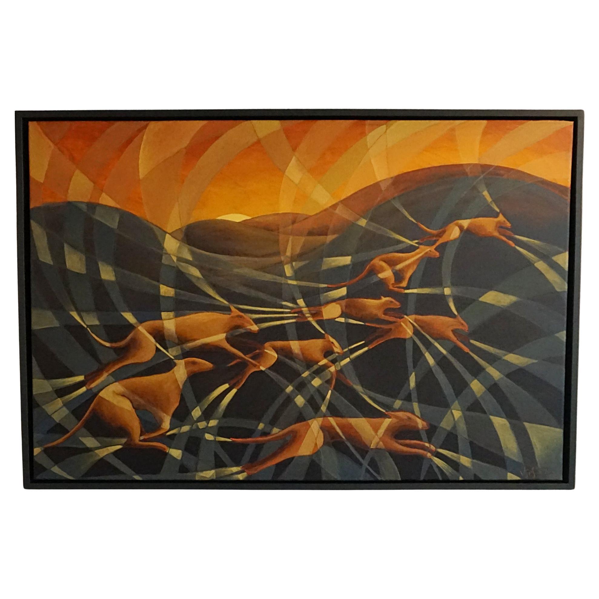 Sunset Dogs", peinture contemporaine à l'huile sur toile de Vera Jefferson, 2024 en vente