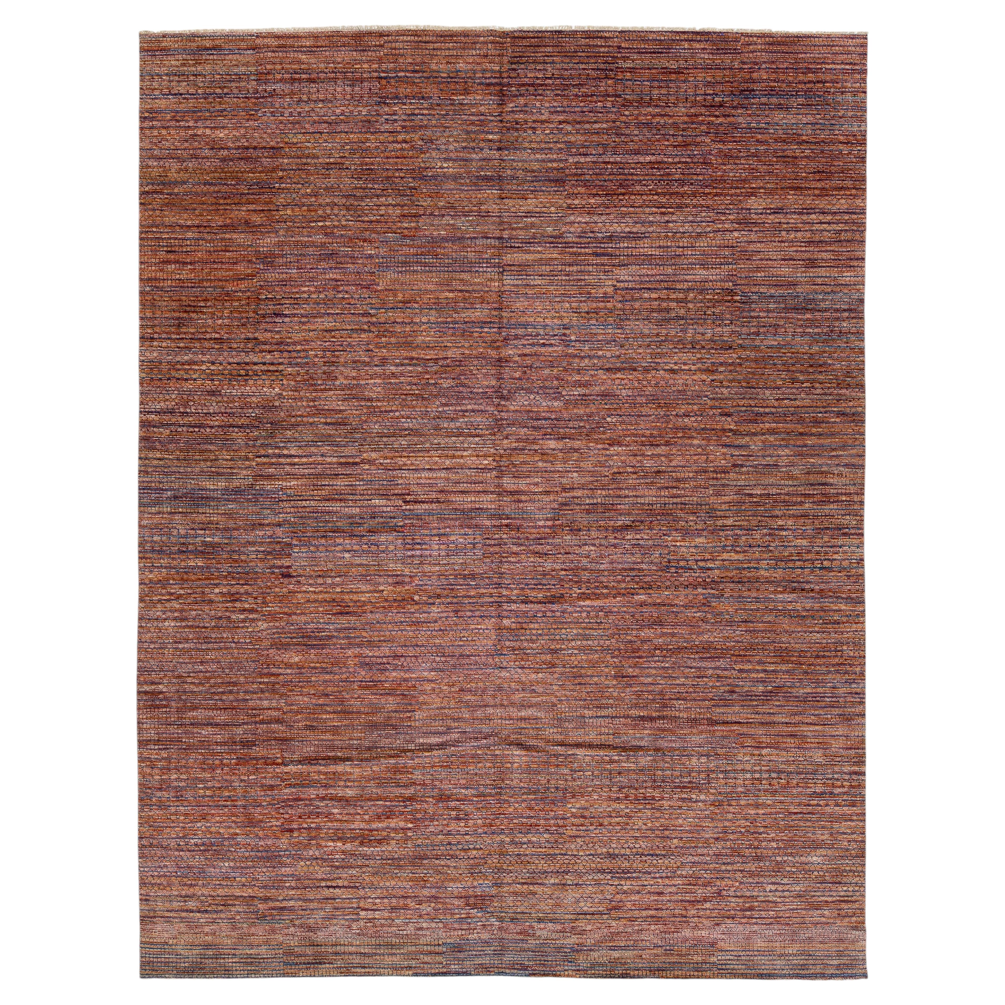 Sunset Ember: Modern Indian Savannah Hand-Knotted Striped Wool Area Rug 13x17