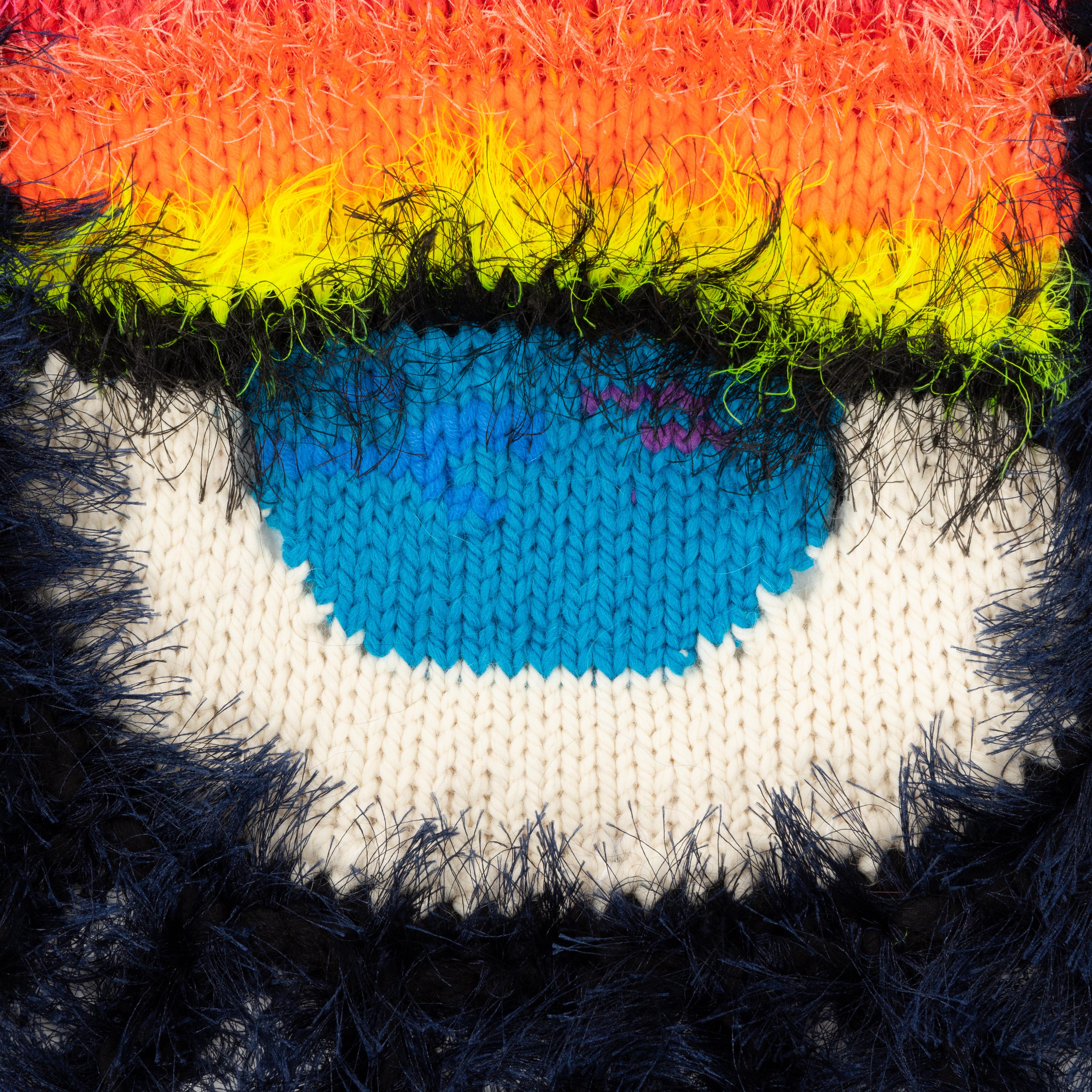 Textile Art, Hand-crafted, Knit and Crochet Art Blanket, Knitted Tapestry, Wall hanging.
A pair of non-identical multicoloured Psychedelic eyes, the owner has the freedom to display in whichever way they wish to create their own character on their