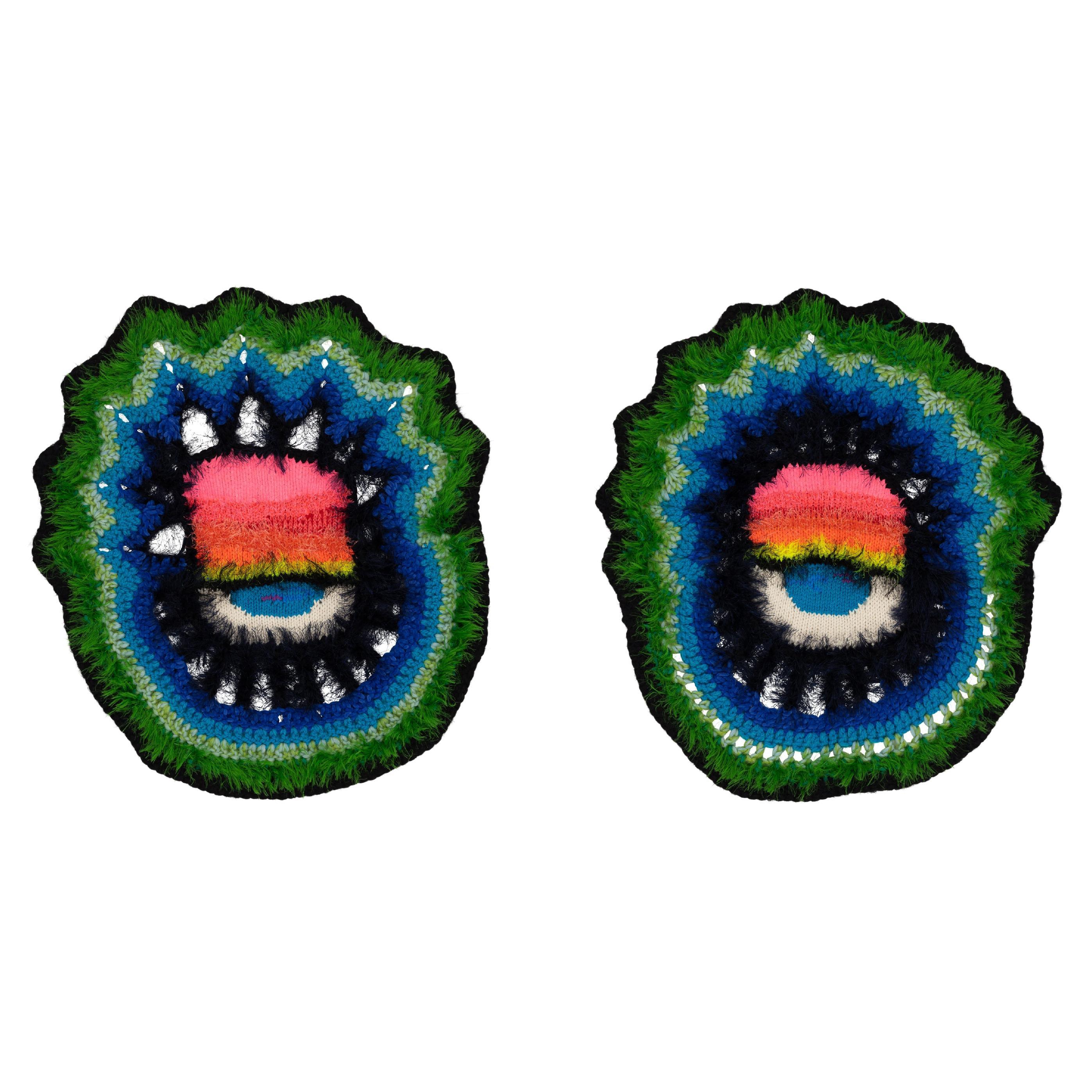 "Sunset Eyes" Pair Handcrafted Knit/Crochet Multicolour Textile Wall Hanging For Sale