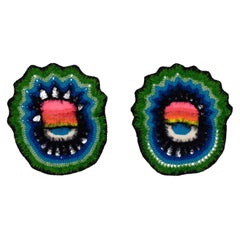 Retro "Sunset Eyes" Pair Handcrafted Knit/Crochet Multicolour Textile Wall Hanging