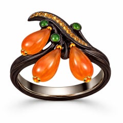 Sunset in Ebony Ring Carved Orange Nephrite Sapphires- Handcrafted To Order