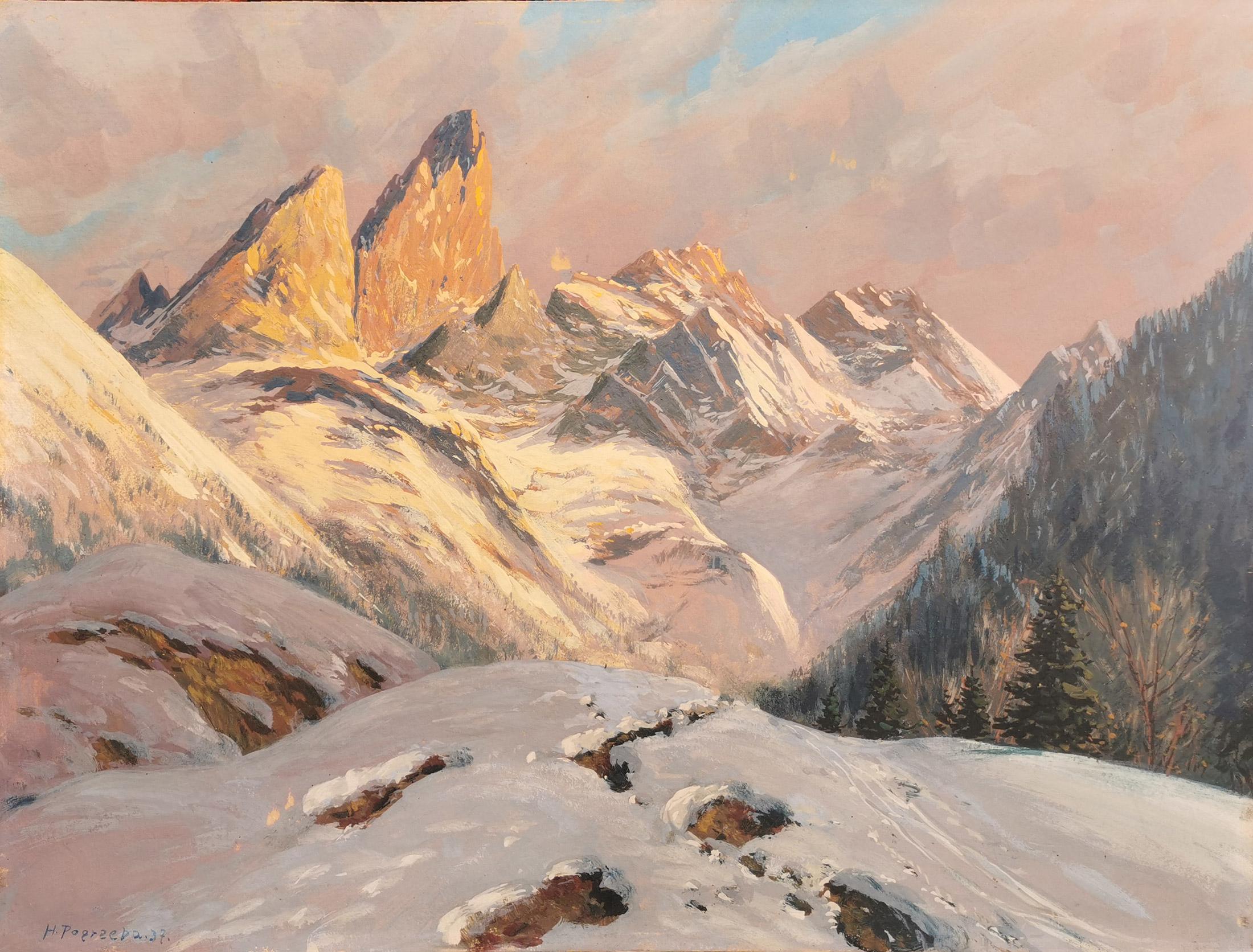 Snowy peaks - Hans Pogrzeba - 1937
COD: QM144
38 cm x 52 cm without frame
46 cm x 60 cm with antique fir frame
oil on cardboard

The Mädelegabel, one of the most famous and highest (2645m) peaks in the Allgäu Alps, on the border between Tyrol