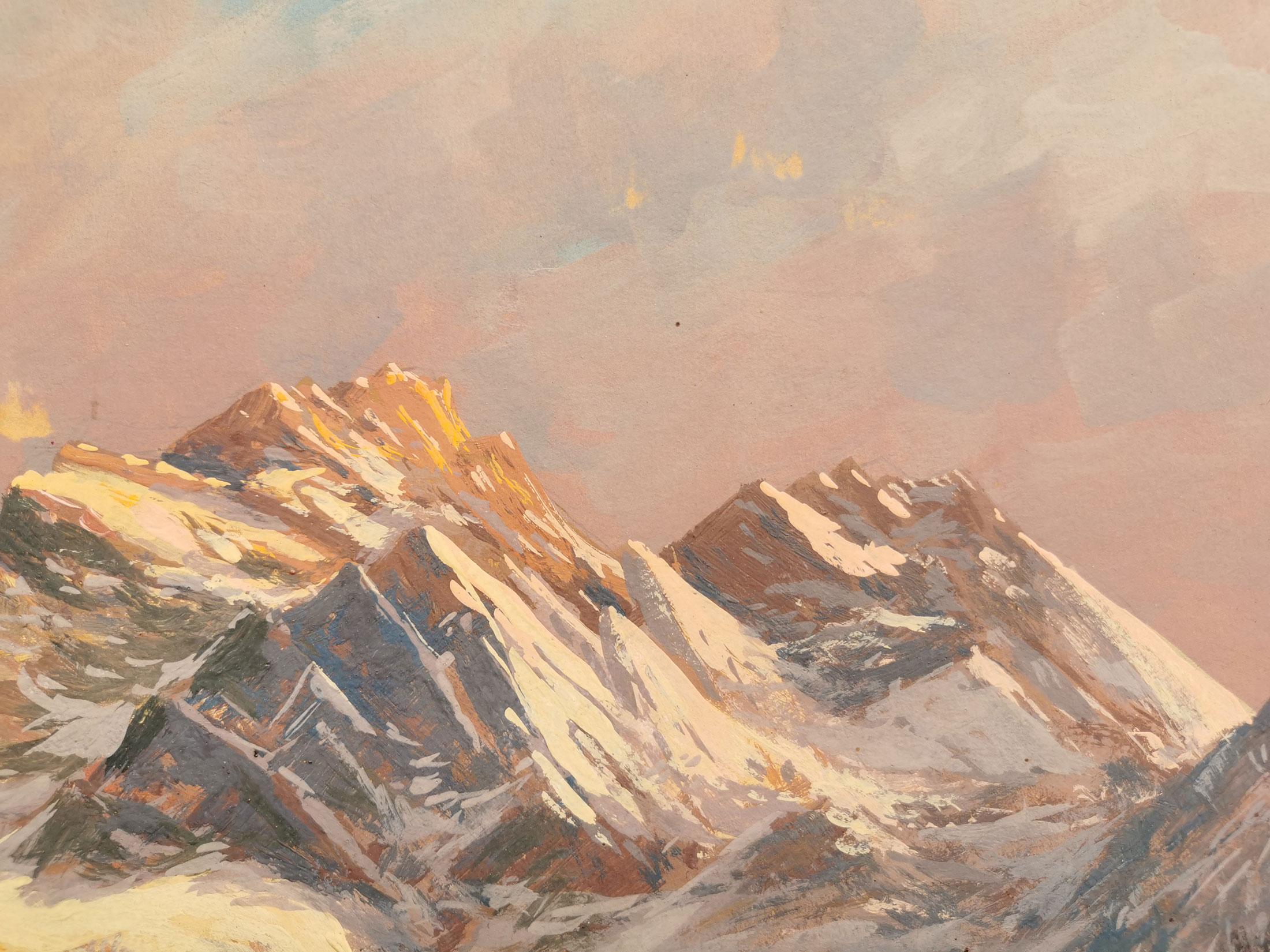 Oiled Sunset in Snowy Peaks Painting - Europe 1937