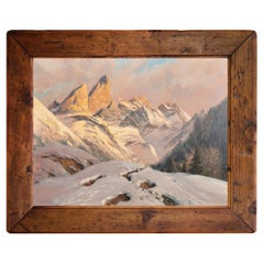 Vintage Sunset in Snowy Peaks Painting - Europe 1937