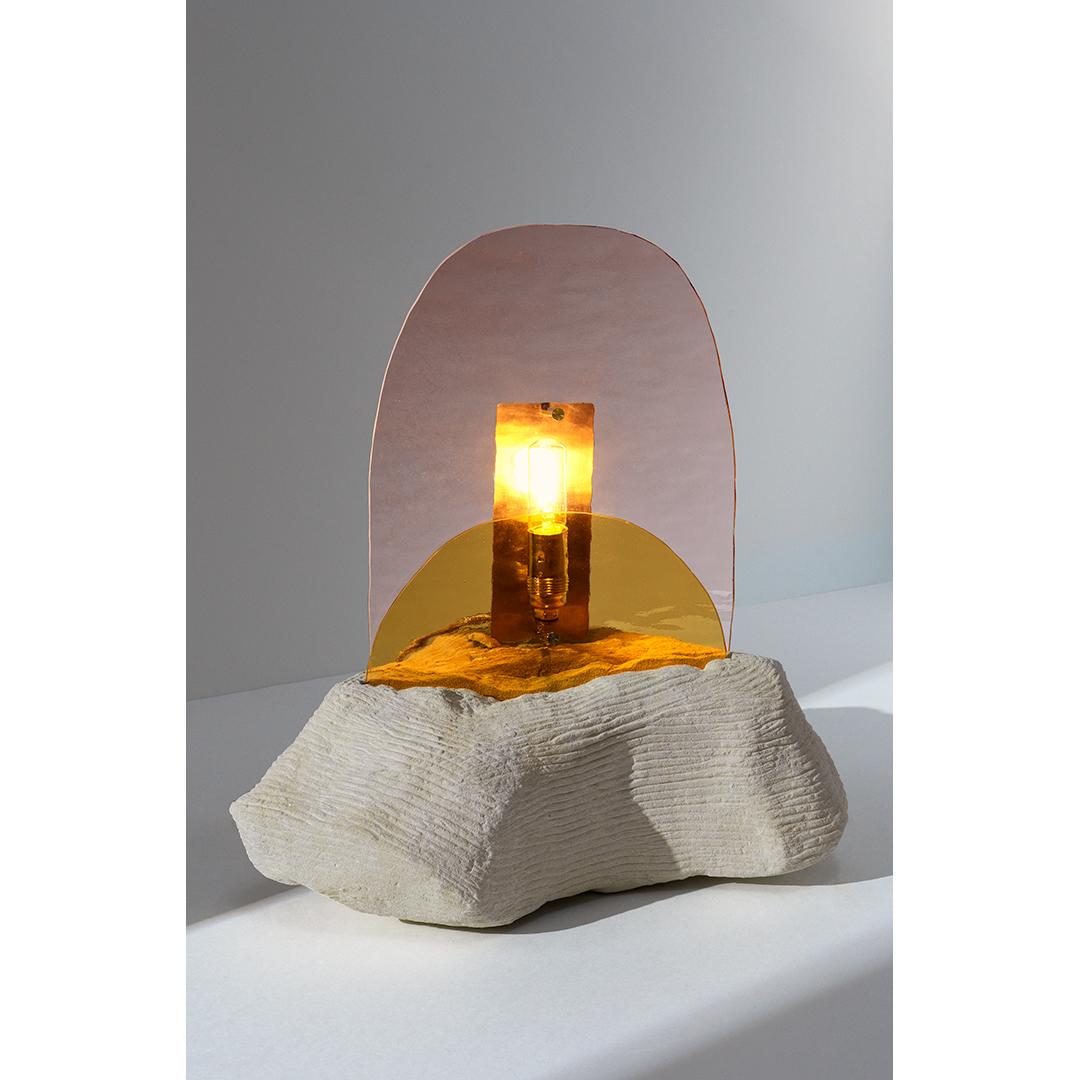 Sunset light sculpture by Marie Jeunet
Dimensions: Base: Width 15.35 inches, height 4.72 inches, depth 11.81 inches
Glass height: 11.61 inches
Total height: 15.35 inches
Materials: Translucent glass sheet, translucent glass sheet pink wavy effect,