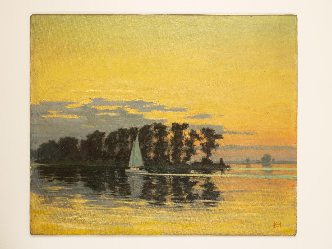 German Sunset Oil on Hardboard Framed Impressionist Sailing Boat Romantic Yellow Blue For Sale