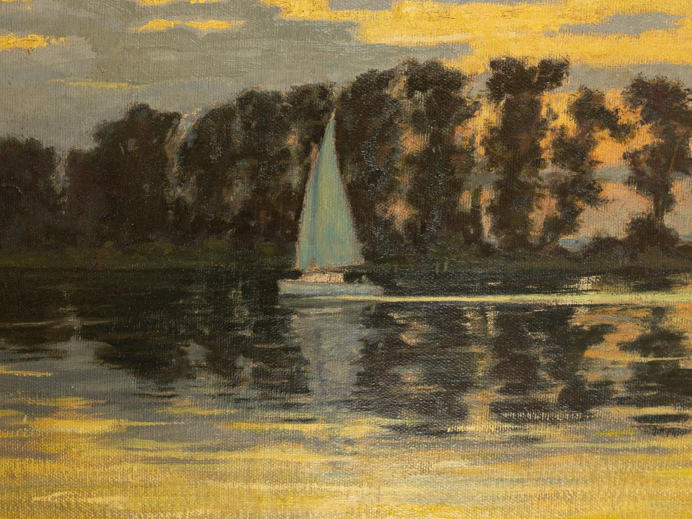 Dipinto Tramonto olio su tavola rigida con cornice Impressionista Barca a vela Romantico Giallo Blu in vendita
