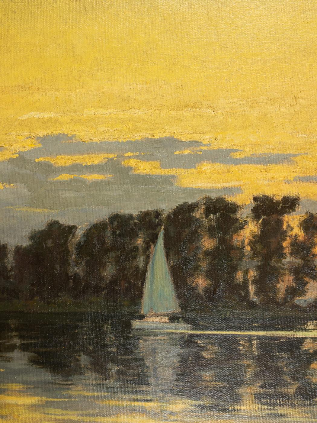 Tramonto olio su tavola rigida con cornice Impressionista Barca a vela Romantico Giallo Blu In condizioni buone in vendita a Neuss, NW