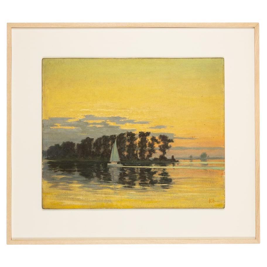 Sunset Oil on Hardboard Framed Impressionist Sailing Boat Romantic Yellow Blue For Sale